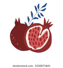 Romãs isolados sobre fundo branco. Maturar inteiros e cortar frutas e folhas. Ilustração desenhada à mão vetorial