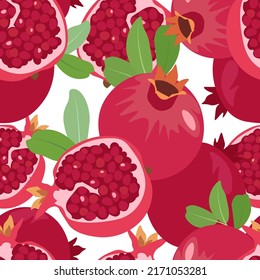 Pomegranates with leafs on a white background. Seamless vector pattern.