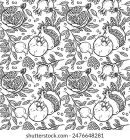Granatäpfel mit Blättern und Samen. Nahtlose Vektorgrafik im Grafikstil. Geeignet für den Einsatz in Textildesign, Bildschirmhintergrund, Küchendekor und Packpapier. Schwarze und weiße Linien zum Färben