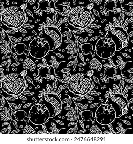 Pomegranates with leaves and seeds. Vector seamless pattern in graphic style on a black background. Suitable for use in textile design, wallpaper, kitchen decor and wrapping paper, packaging