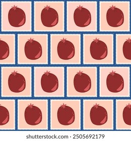 Pomegranates motif quilted seamless pattern. Patchwork repeat background. Ripe whole fruit retro post stamps endless design. Vector hand drawn flat illustration.