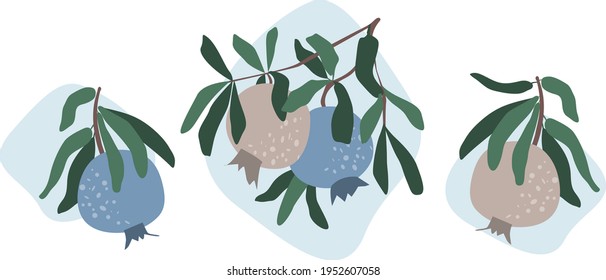 Granatapfel auf einem Ast mit Blättern. Elemente für ein Design mit einer abstrakten Zusammensetzung aus einfachen Formen und Früchten. Minimalismus, pastellfarbene Erdfarben. Vektorbanner für Postkarten, Wandkunst.