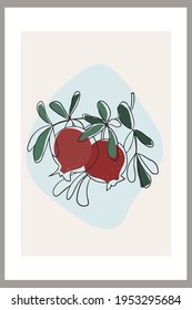 Pomegranates on a branch with leaves. Template with abstract composition, linear fruit art. Minimalism, Pastel earthy colors. Vector banners for postcards, wall art and social media covers.