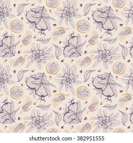 pomegranates on a old white background in seamless pattern