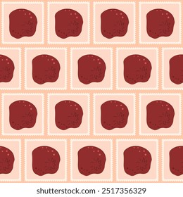 Pomegranates quilted seamless pattern. Patchwork repeat background. Ripe fruit retro post stamps endless design. Vector hand drawn illustration.
