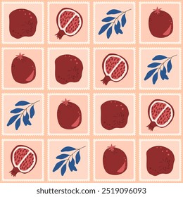 Pomegranates quilted seamless pattern. Patchwork repeat surface background. Square poster with fruit and leaves. Vector hand drawn flat illustration.