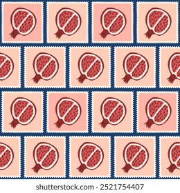 Pomegranates quilted seamless pattern. Patchwork half juice pomegranate repeat background. Ripe fruit retro post stamps endless design. Vector hand drawn flat illustration.