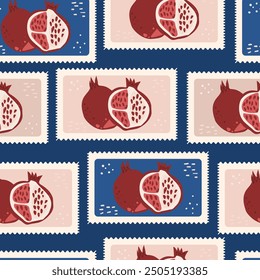 Pomegranates rectangle emblems seamless pattern. Patchwork repeat background. Ripe fruit retro post stamps surface pattern design. Vector hand drawn flat illustration.