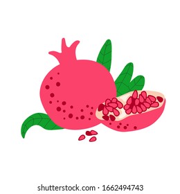 Pomegranates with red seeds on white background. Fresh fruit drawing with green leaves isolated on white. Great as logo or label for juice, soap and organic product. Flat cartoon vector illustration.