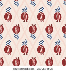 Pomegranates rhombus seamless pattern. Fruit geometric endless background. repeat cover. continuous ornament. Vector hand drawn flat illustration.