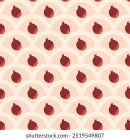 Pomegranates scallop seamless pattern. Vector hand drawn flat illustration.