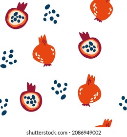 Pomegranates seamless pattern. bright and juicy pomegranate fruits. Abstract ornament for fabric, wallpaper, posters. Hand draw Vector Cartoon illustration