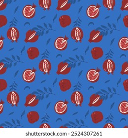 Pomegranates seamless pattern. Fruits and leaves endless background. Half and whole pomegranates repeat cover. Colorful continuous surface design ornament. Vector illustration.