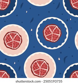Pomegranates seamless pattern. Pink and blue circular emblem repeat background. Slice of fruits retro round endless design. Vector hand drawn illustration.