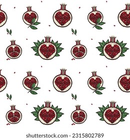 Pomegranates seamless vector pattern and cute hand drawn pomegranate fruits sketch symbols  heart shaped seeds inside  vintage style print