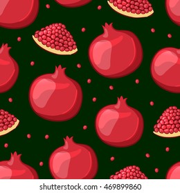 Pomegranates and seeds on a dark background. Seamless pattern.