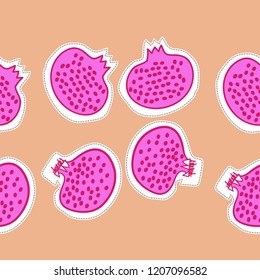 Pomegranates , seeds, spots,  dashed lines, labels seamless  pattern. Hand drawn.