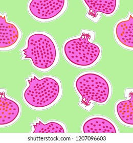 Pomegranates , seeds, spots,  dashed lines, labels seamless  pattern. Hand drawn.