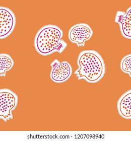 Pomegranates , seeds, spots,  dashed lines, labels seamless  pattern. Hand drawn.