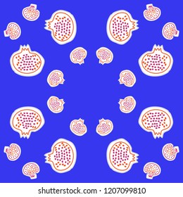 Pomegranates , seeds, spots,  dashed lines, labels pattern. Hand drawn.