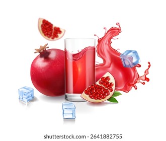 Pomegranates splashing juice ads with drinking glass and fresh pomegranate fruit slice. Vitamin beverage isolated on white background element for advertising 3d vector