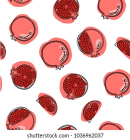 Pomegranates vector seamless illustration on a white background. Red garnet. Pattern.