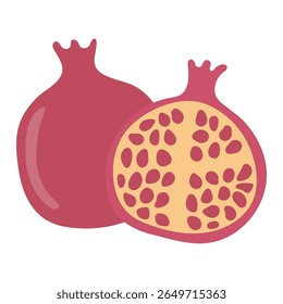 Pomegranates whole, cut, Rosh Hashanah symbol, isolated on transparent. Hand drawn flat vector illustration. Traditional Hebrew New Year clip art, seasonal summer, autumn fruit design element