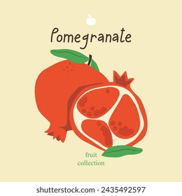 Pomegranates. Whole and half of pomegranate on beige background.  Colorful hand drawn vector illustration of fruits for textiles, cards, posters, prints