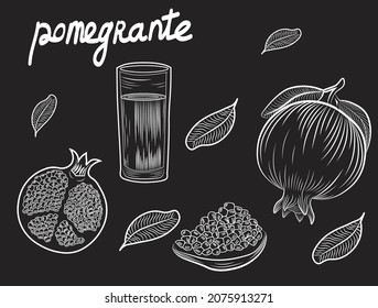 Pomegrante, fruits, chalk vector isoalted illustration on black background. Concept for logo, print, menu