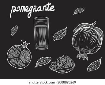 Pomegrante, fruits, juice chalk vector illustration on dark background. Concept for logo, print, cards