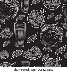 Pomegrante, fruits, juice vector seamless pattern isolated on dark background. Concept for menu, cards, print