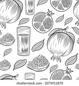 Pomegrante, juice, fruits vector engaging hand drawn seamless pattern isolated on bright background. Concept for wallpaper, print, menu