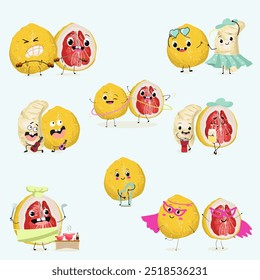 Pomelo fruit, tropical exotic citrus, vector isolated food icon, funny character. Pummelo or shaddock fruits , tropic farm juicy exotic fruits harvest, sweet fruity dessert. Hand drawn vector.