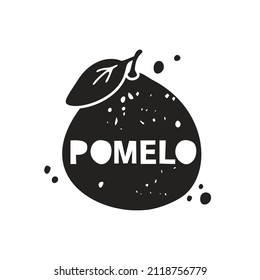 Pomelo grunge sticker. Silueta de textura negra con letras en el interior. Imitación del sello, impresión con escaramuzas. Ilustración aislada dibujada a mano sobre fondo blanco