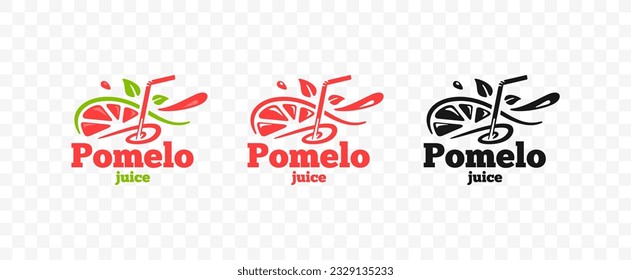 Pomelo juice with straws and half an pomelo fruit with slices logo design. Fresh smoothie drink with swirl and leaves vector design