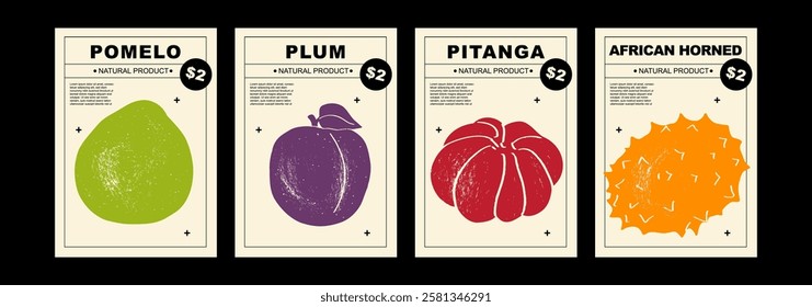 Pomelo, plum, pitanga, African horned. Set of posters of fruits and citrus in a abstract draw design. Simple, flat design. Patterns and backgrounds. Perfect for poster, cover, banner.