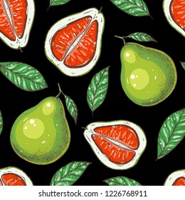 Pomelo seamless pattern. Fresh citrus background. Hand drawn vector illustration. Organic food, citrus design template. Colored illustration.