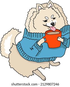 Pomeranian dog in blue sweater drinking drink from mug. Spitz holding red cup. Vector illustration