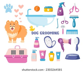 A pomeranian dog and its care products. Shampoos, lotions, wire cutters, combs, scissors. Dog care. Grooming, hygiene, health. Vector illustration on a white background