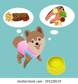 Pomeranian dog with empty bowl want to eat meat and salmon steak. Feed me please. humorous abstract background.