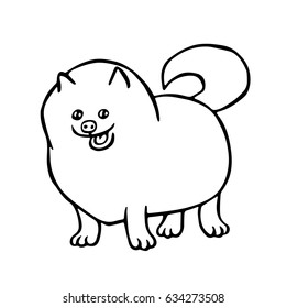 Pomeranian Dog. Isolated Vector Illustration. Funny Cartoon Fur Character. Contour Freehand Digital Drawing Cute . Cheerful Pet