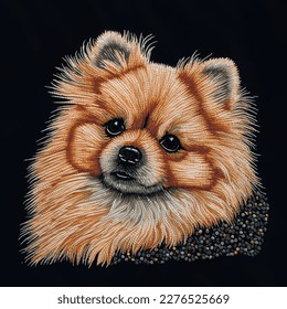 Pomeranian dog. Tapestry textured beautiful puppy portrait. Embroidery decorative pattern background illustration. Modern vector backdrop. Emroidered surface stitching lines grunge texture.