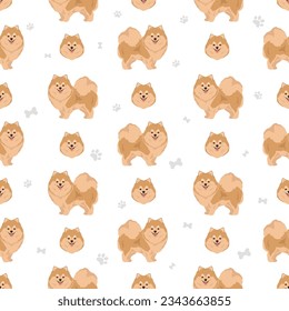 Pomeranian German spitz seamless pattern. Different poses, coat colors set.  Vector illustration