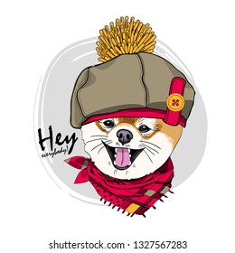 Pomeranian with hat and red scarf. Hand drawn illustration of dressed dog. Vector illustration.