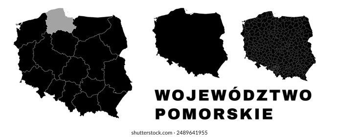 Pomeranian map, Polish voivodeship. Poland administrative division, provinces, boroughs, and municipalities.