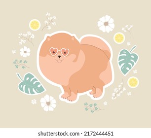 Pomeranian in pink glasses. Cute print with monstera leaves, flowers and lemons. Vector illustration for children.