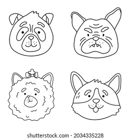 Pomeranian, pug, bulldog, corgi dog face collection. Vector line cartoon kawaii character icon. Hand drawn style isolated illustration. Puppy pet bundle for coloring book page