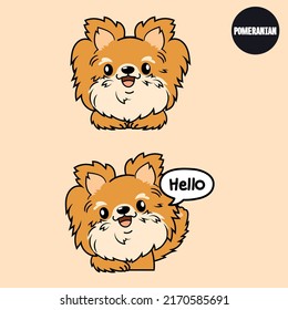 Pomeranian puppy dog with a smile and hello action. 2D cute cartoon character design in flat style.