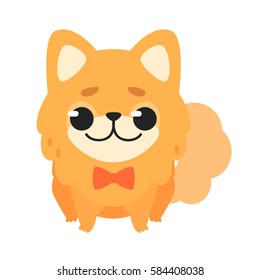 Pomeranian spits with bowtie. Cute red baby dog. Flat vector illustration isolated on white background