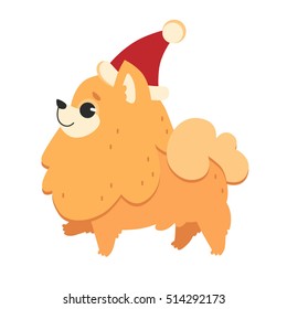 Pomeranian spits. Cute red baby dog in Christmas hat. Flat vector illustration isolated on white background